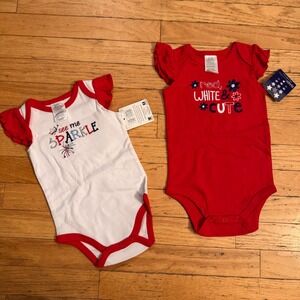 Baby Essentials 2pc Patriotic Bodysuit Set Red White Sparkle 3-6M 6-9M NWT‎